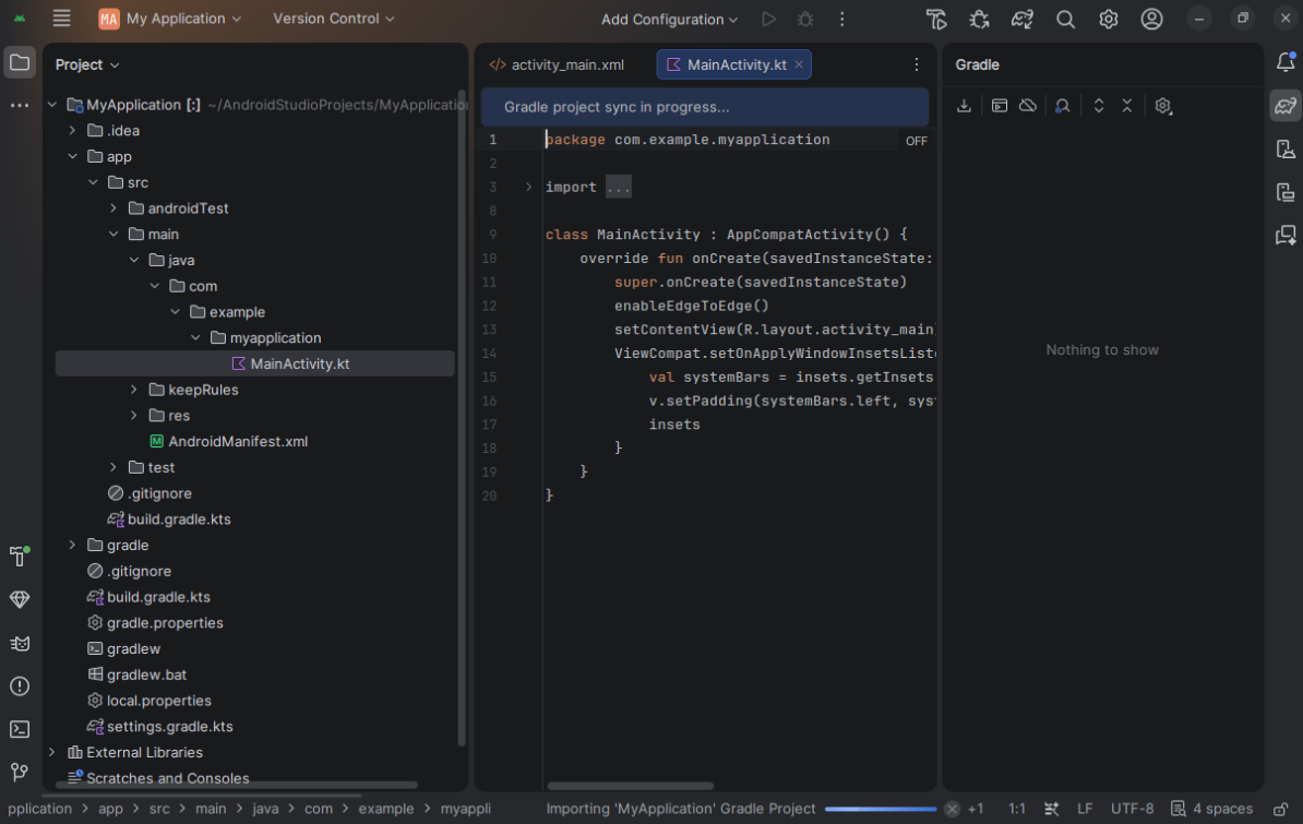 Project template ready with Gradle sync in progress