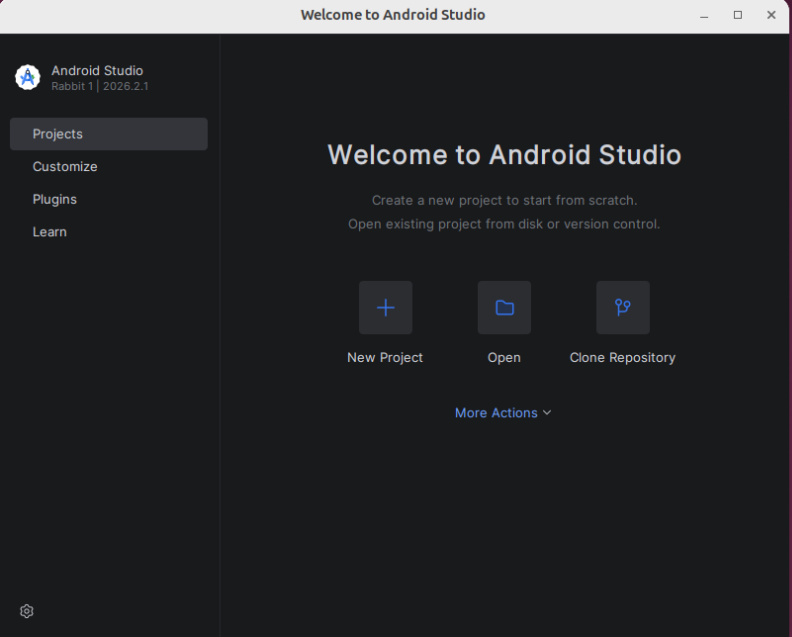 Android Studio landing page with "New project", "Clone repository" and "Open"