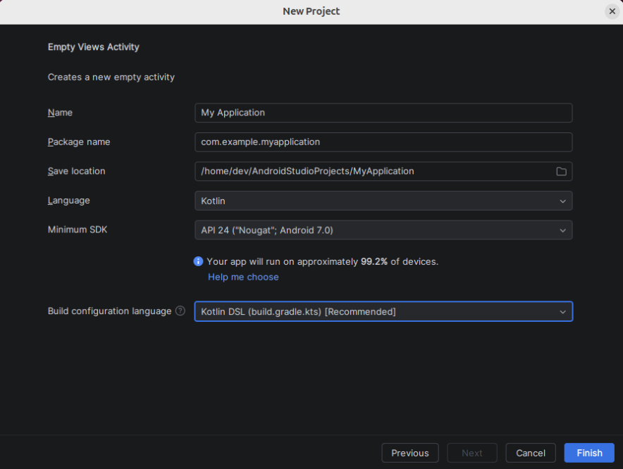 New project dialog with default fields: "My Application", Kotlin, Min SDK 24