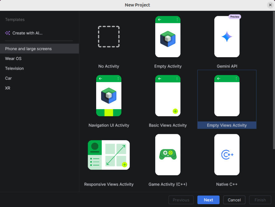 Project type picker with "Empty Views Activity" selected