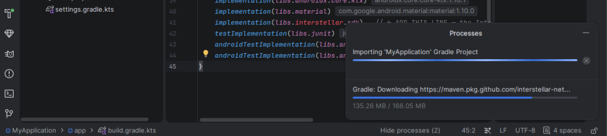 After clicking "Sync Project with Gradle files" — Gradle syncs and downloads the SDK