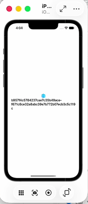 iOS Simulator running the hello-world app, showing the root account ID