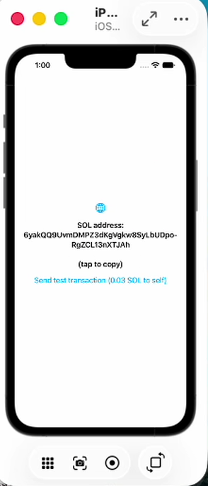 The all-in-one "full basic app" showing the SOL address and the "Send test transaction" button