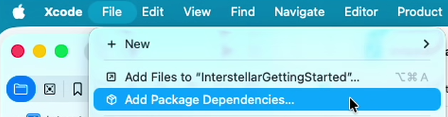 Xcode Add Package Dependencies menu item