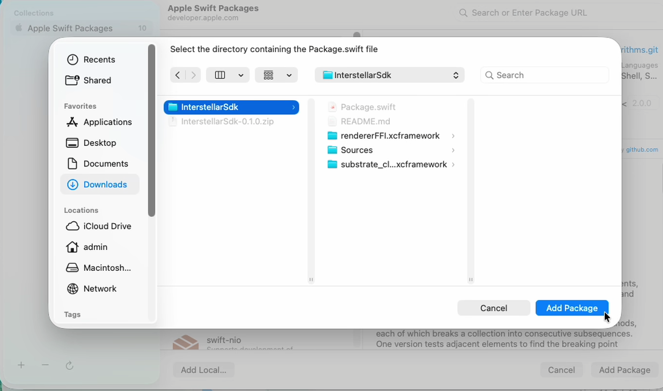 Xcode Add Package dialog with the InterstellarSdk folder selected