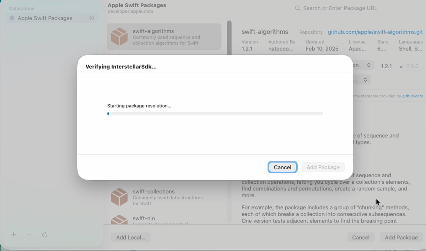 Xcode package resolution progress popup