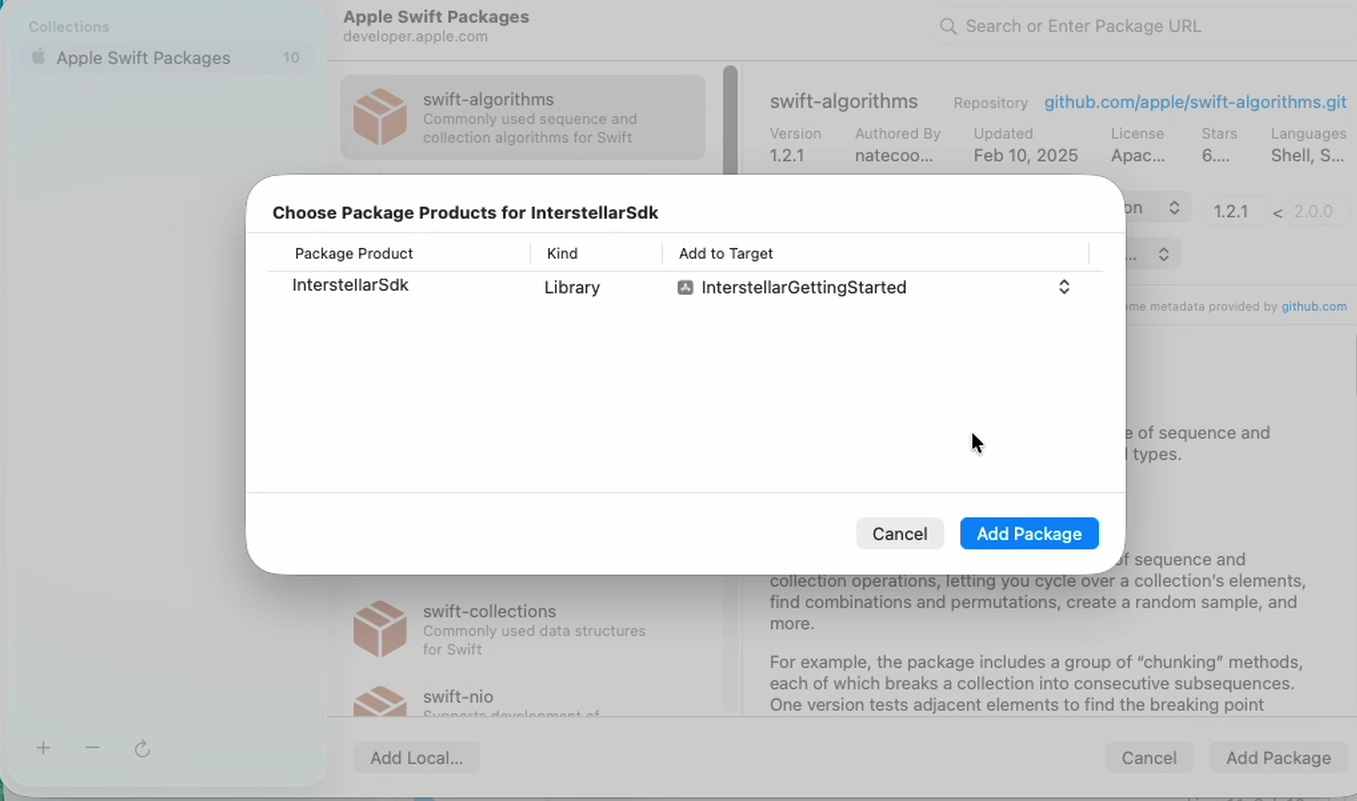 Xcode Choose Package Products dialog
