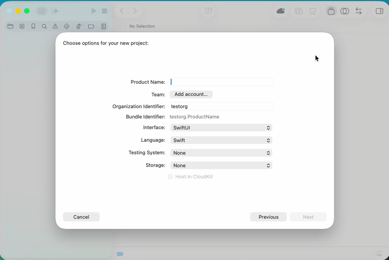 Xcode new project form
